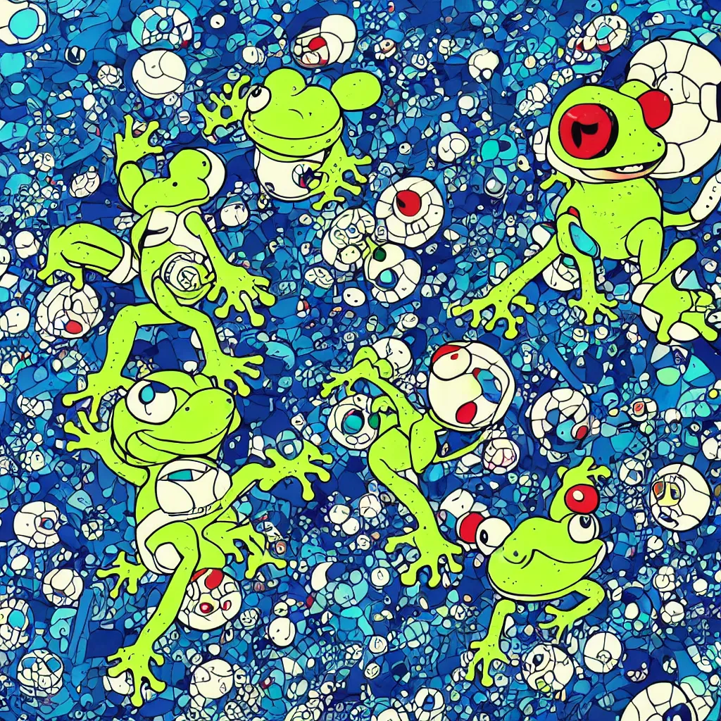 Image similar to toads, frogs, ryuta ueda artwork, breakcore, style of jet set radio, y 2 k, gloom, space, cel - shaded art style, indigo rainbow, data, minimal, takashi murakami artwork, code, cybernetic, dark, eerie, cyber