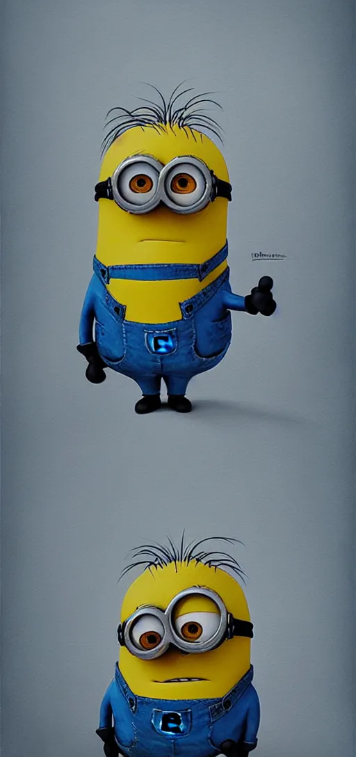 Prompt: a minion, bazinski style painting, hyperrealistic, horror, creepy