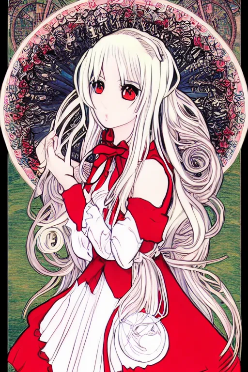 Image similar to Anime girl with chin length white hair, wearing red gothic lolita clothing, trending on Instagram, digital drawing, colored manga panel, art by Alphonse Mucha