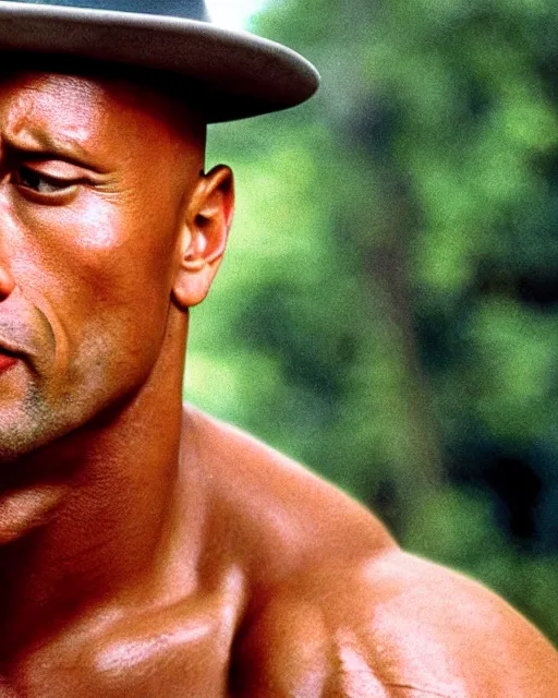 Prompt: film still close up shot of dwayne johnson as forrest gump. photographic, photography