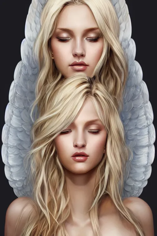 Image similar to realistic painting of a holy blonde female angel, godray, beautiful, detailed, octane render, by artgerm, elegant, matte, symmetrical realistic facial features, biblical