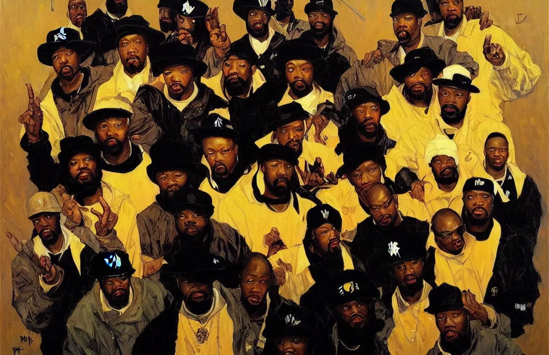 Image similar to portrait of wu - tang clan!!!!!!!!!!!!!!!!!!!!!!!!!!!, detailed face, detailed painting,, epic lighting, by ilya repin, phil hale and kent williams