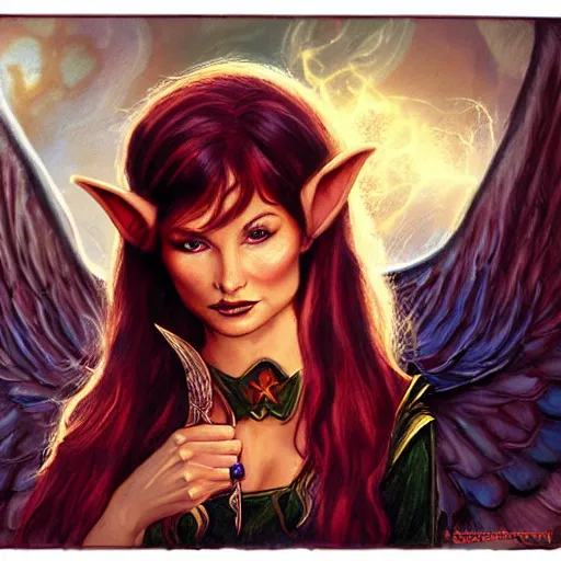 Image similar to Character portrait, face close up: Half Elf Female Celestial Warlock (with imp familiar). Tori Amos avenging angel. In the style of Ralph Horsley