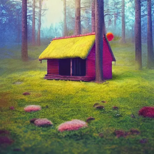 Image similar to small wooden house in the middle of spring forest, bright colours, watercolor, volumetric wool felting, macro photography, children illustration, by mike winkelmann