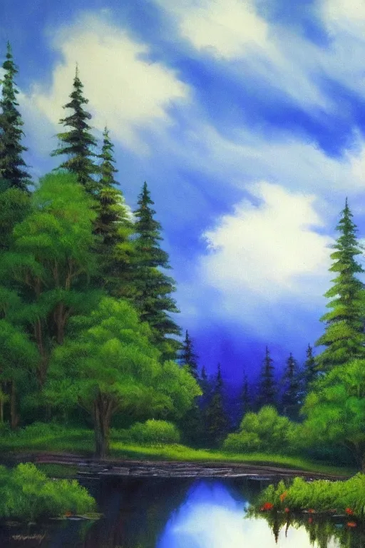 Prompt: a beautiful bob ross landscape painting