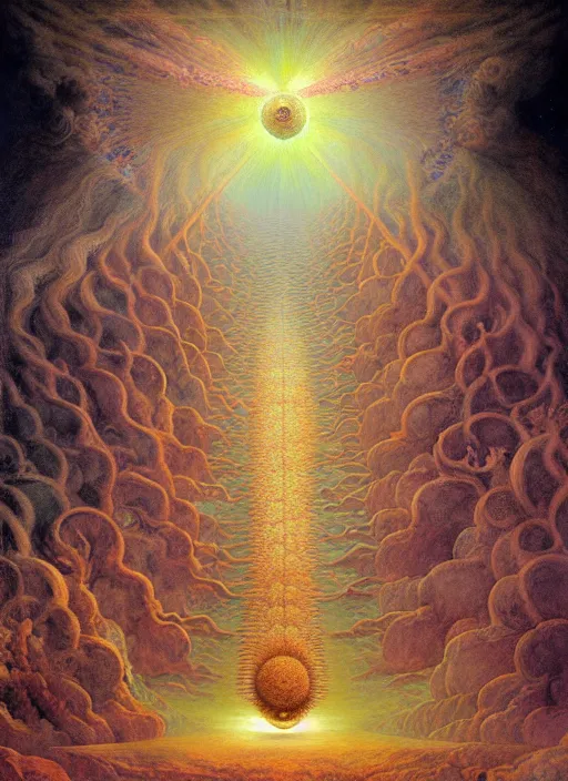 Prompt: antediluvian occult cosmology, panspermia, by robert hooke and ernst haeckel and agostino arrivabene and joaquin sorolla, rule of thirds, vivid colours, atmospheric, digital painting, artstation, concept art, smooth, sharp focus, negative space, illustration, digital painting