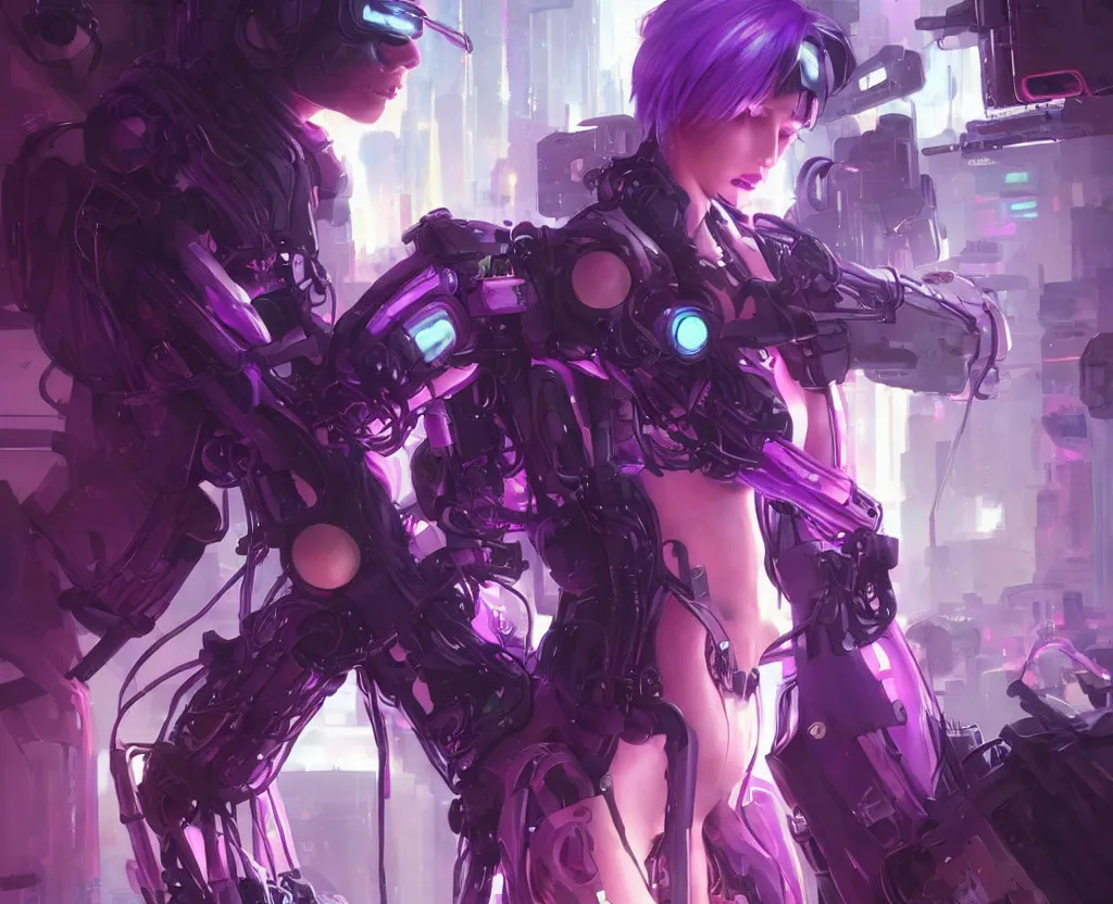 Image similar to A beautiful painting of a cyberpunk anime girl with purple hair and an a huge robot arm sensual stare, Trending on artstation. augmentations and cybernetic enhancements neon circuits, greg rutkowski , hyperrealist, cinema4D, 8k highly detailed ❤️‍🔥 🔥 💀 🤖 🚀