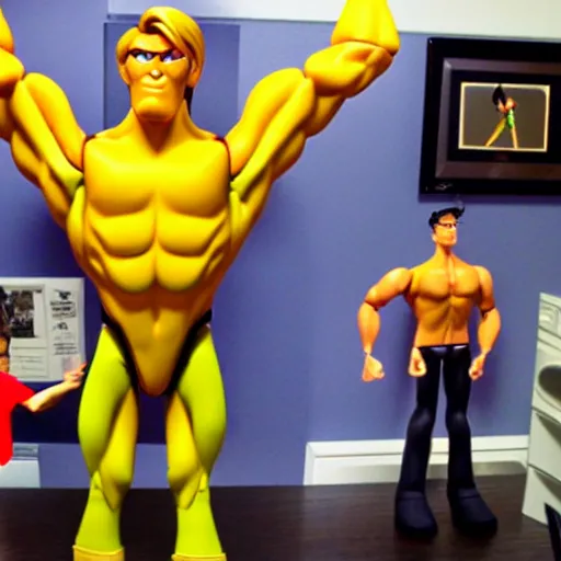 Prompt: Stretch Armstrong filled with air. Overinflated muscles. Giant action figure made of rubber.