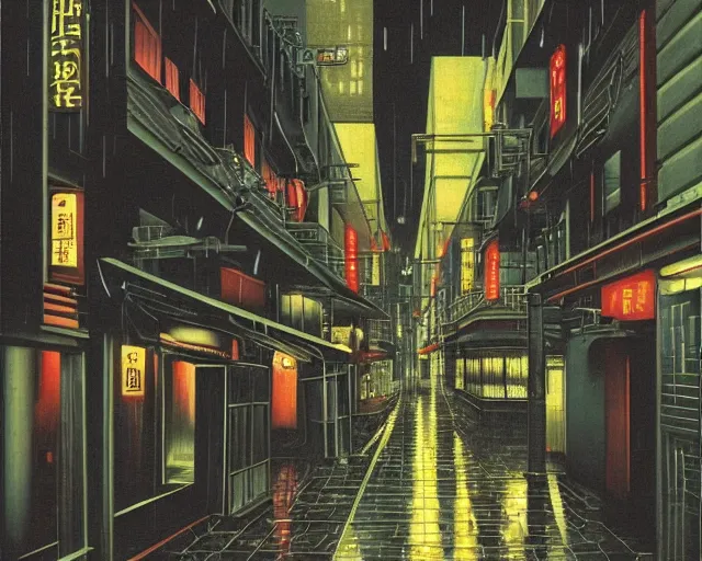 Prompt: cozy dark street with in a cyberpunk city on a rainy melancholy osaka night in 1 9 9 6 by de chirico