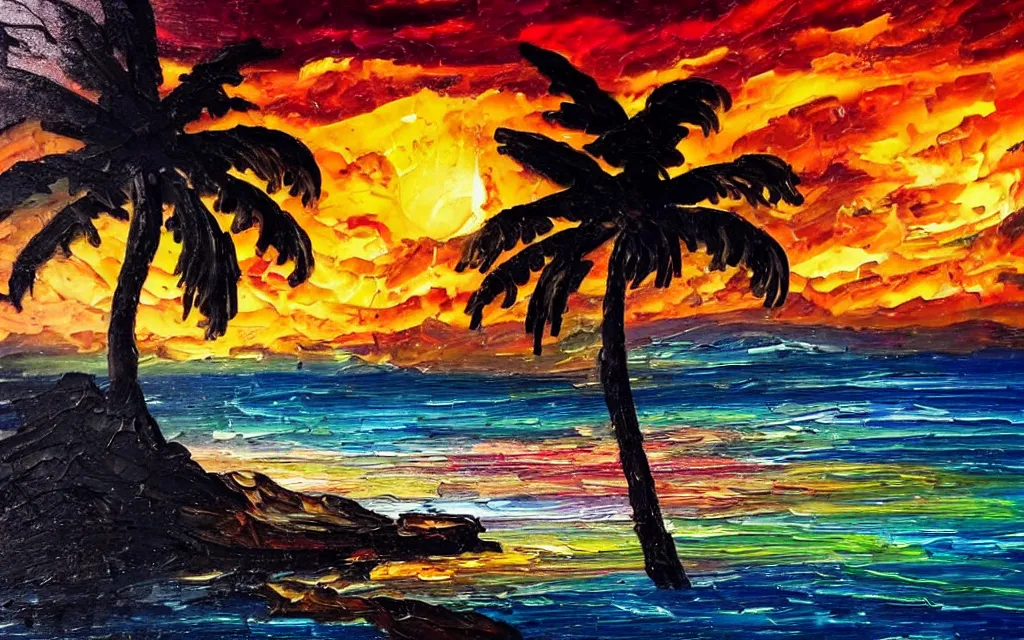 Prompt: water and a very small island! cute cozy cottage!! torches, chairs, palm trees, dark very late evening cloudy sunset, dramatic and dynamic lighting, thick brush strokes oil impasto painting