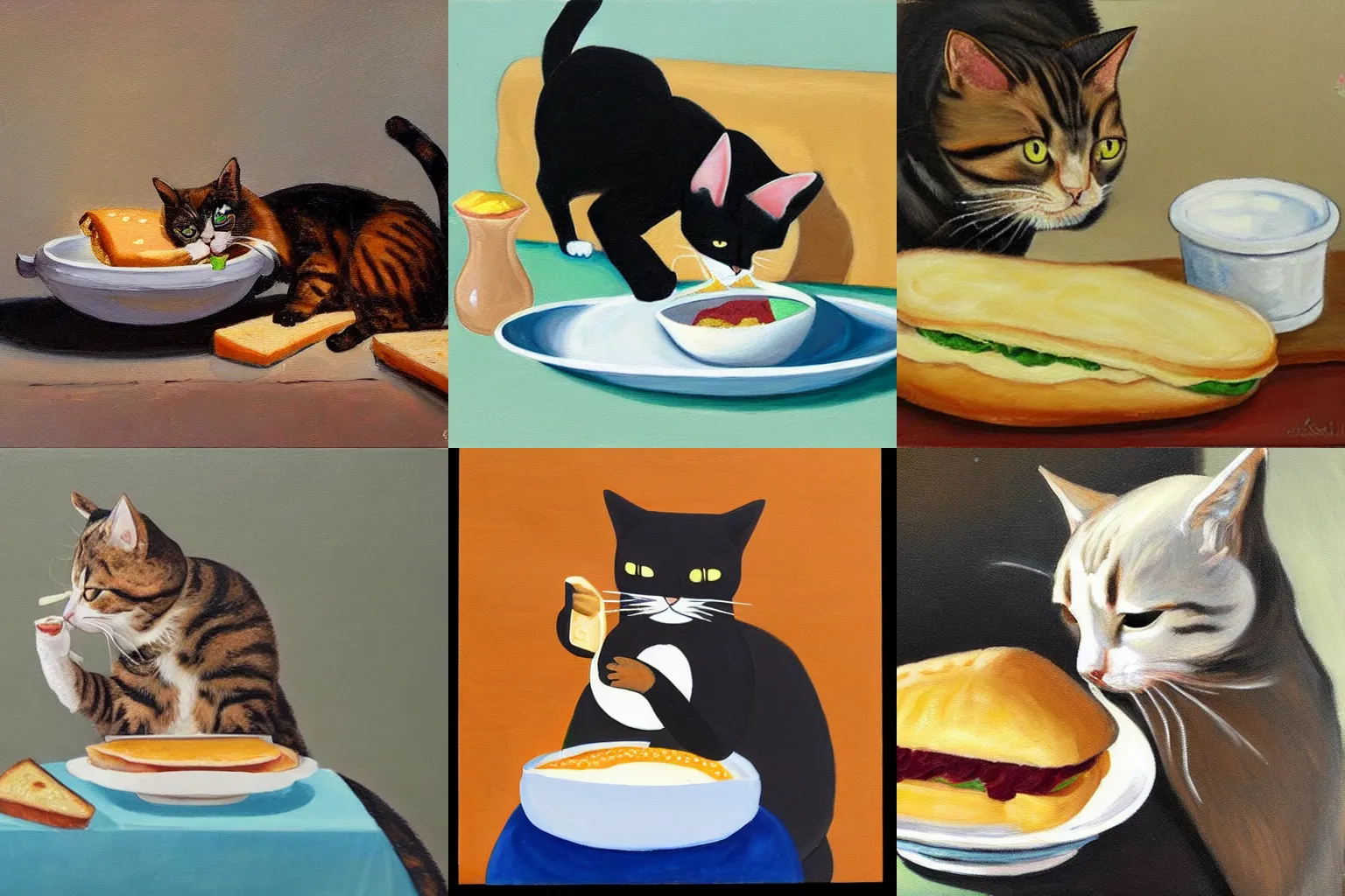 Prompt: a painting of a cat eating a big sandwich from a bowl. Cat eating sandwich. Cat has food mouth.