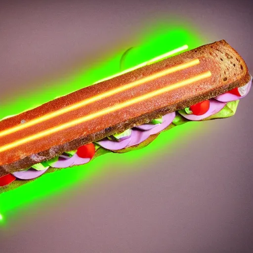 Prompt: an extremely high quality photo of a surreal neon-lightsaber-sandwich, ((sandwich)) creation, a hybrid mixture of lightsabersandwich filled with lightsaber neons and sandwichlightsaberneontube patties, neon tubesauce drizzled, lightsaber lettuce, glowing sandwich, promotional photo, 4k polymer clay food photography