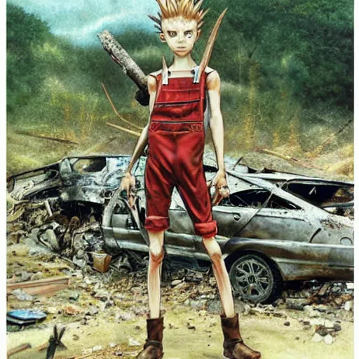 Prompt: a skinny elf with spiky blonde hair wearing dark brown overalls and holding dynamite standing next to a destroyed car, painting by Yoshitaka Amano