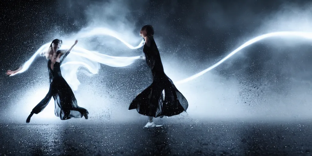 Prompt: slow motion with trail effect of futuristic break dancer wearing floating long dress and emitting fire, long exposure shot , at night in the middle of a rainy street, paddle of water, steam, fog, water splashes, rim lights, glossy reflections, water droplets on lens, octane render, dark and dramatic, explosion in the background, detailed and soft, fisheye