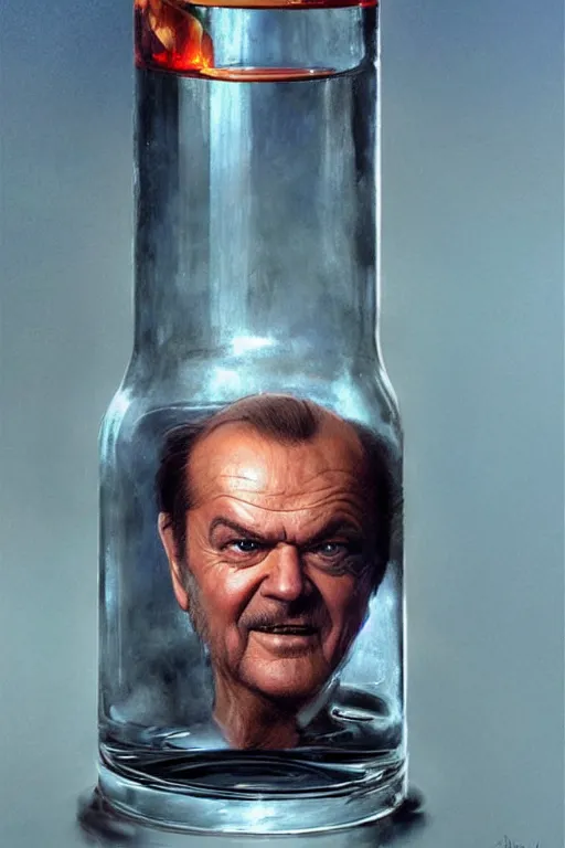 Prompt: a ship in a bottle but instead of a ship it is jack nicholson in the bottle, the shining, masterpiece painting by artgerm, greg rutkowski, tom bagshaw