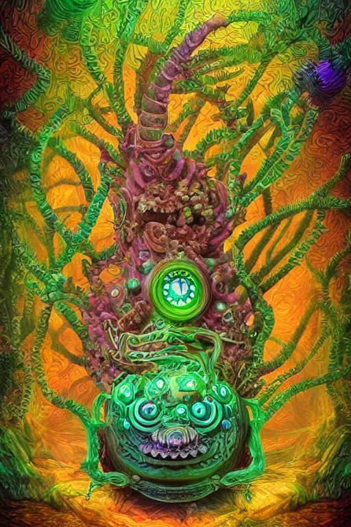 Image similar to creature sushi roots cactus elemental flush of force nature micro world fluo light deepdream a wild amazing steampunk baroque ancient alien creature, intricate detail, colorful digital painting radiating a glowing aura global illumination ray tracing