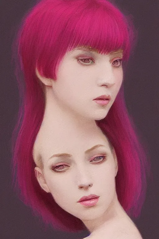 Prompt: “Portrait of a pale skin female with short pink hair, elegant, photorealistic, highly detailed, artstation, smooth, sharp focus, gold, neon lighting, sci-fi, art by Klimt.”