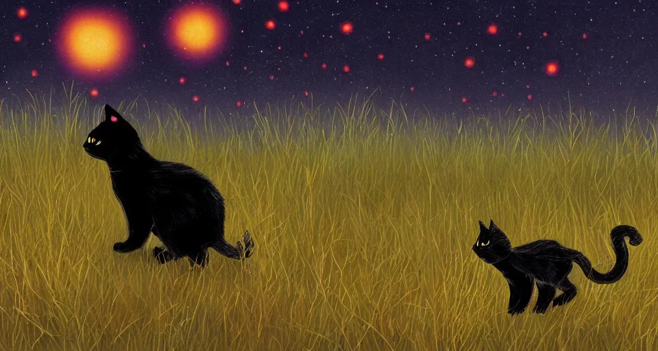 Prompt: black cat walking around in an open field at night with fireflies in the air and lots of stars in the sky, digital painting, highly detailed, magical, trending on artstation