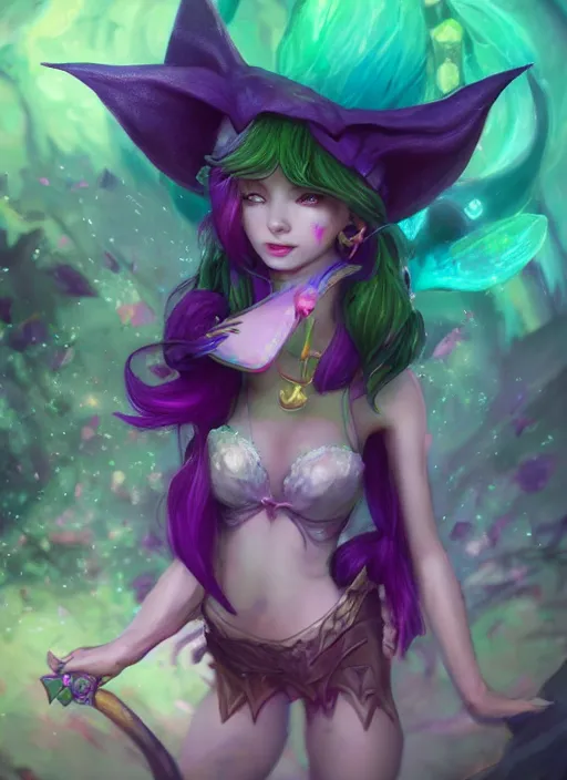 Image similar to lulu fairy witch with green eyes, from league of legends, au naturel, hyper detailed, digital art, trending in artstation, cinematic lighting, studio quality, smooth render, fluorescent skin, unreal engine 5 rendered, octane rendered, art style by klimt and nixeu and ian sprigger and wlop and krenz cushart