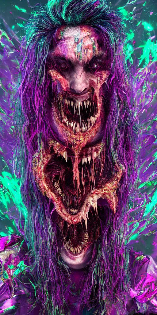 Image similar to impossibly beautiful vampire with large vampire fangs, full body, intricate complexity, horror, psychedelic glitch art, rainbow drip paint, trending on art station, photoreal, 8k, octane render