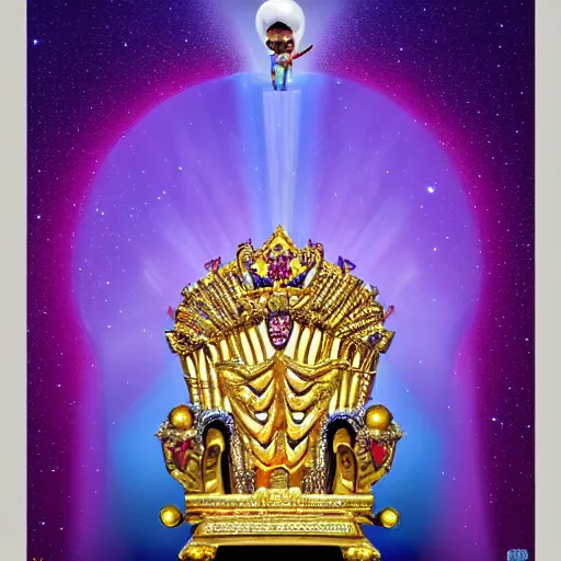 Image similar to shining giant throne made of millions of diamonds, gold and sapphires with thousands of light reflections, and a clown on a tuxedo suit is sitting on the throne while handing an earth globe, dramatic light, digital painting, ultradetailed, artstation, oil painting