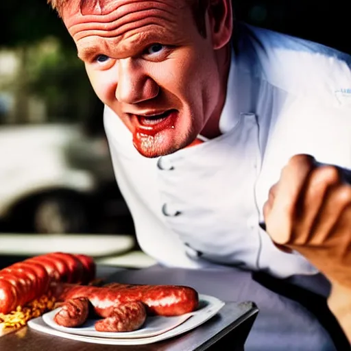 Image similar to gordon ramsey eating sausage with sauce and not liking it, high quality photograph, photorealist F1.8