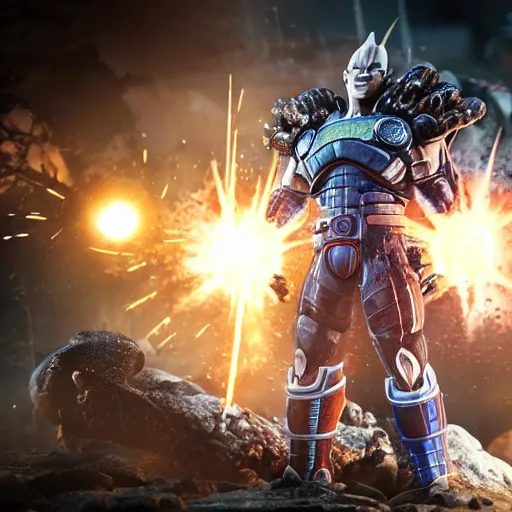 Image similar to vegeta in gears of war, splash art, movie still, cinematic lighting, ray tracing, octane render, long lens, shallow depth of field, bokeh, anamorphic lens flare, 8 k, hyper detailed, 3 5 mm film grain