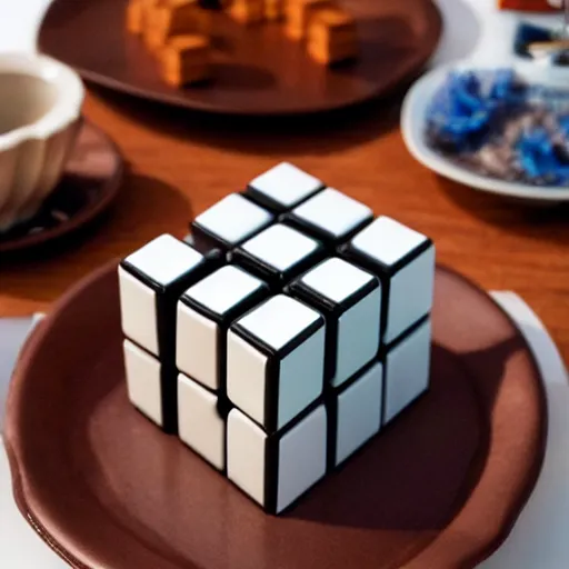 Image similar to Dessert shaped like a rubix cube, Michelin star restaurant food photography