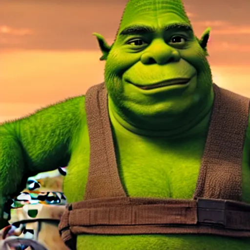 Image similar to zoomed - out movie still of star wars with shrek on the set, highly detailed, extremely high quality, hd, 4 k, 8 k, canon 3 0 0 mm, professional photographer, 4 0 mp, lifelike, top - rated, award winning, realistic, detailed lighting, detailed shadows, sharp, no blur, edited, corrected, trending