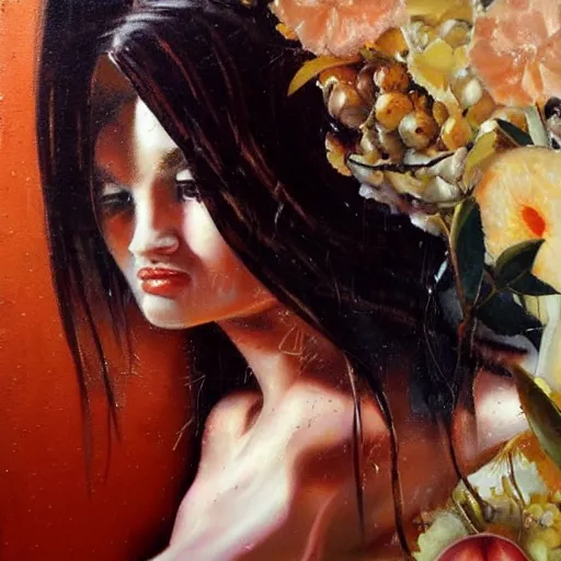 Prompt: by thomas saliot hyperdetailed, improvisational. a beautiful assemblage. in the dream, she is easting a peach, on venus. the flesh is sweet & juicy, slightly bitter. it mingles with sydan's taste in a delicious way.