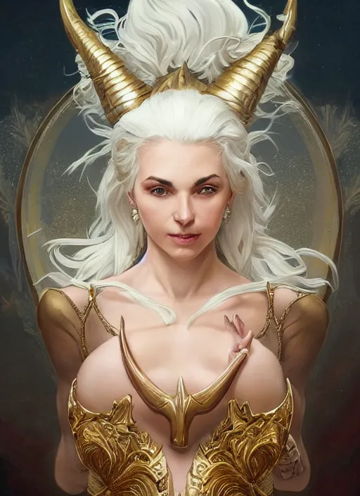 Prompt: fullbody!! dynamic movement pose, beautiful woman with white hair, big natural horns on her head, gold jewellery, dnd, face, fantasy, intricate, elegant, highly detailed, digital painting, artstation, concept art, smooth, sharp focus, illustration, art by artgerm and greg rutkowski and alphonse mucha
