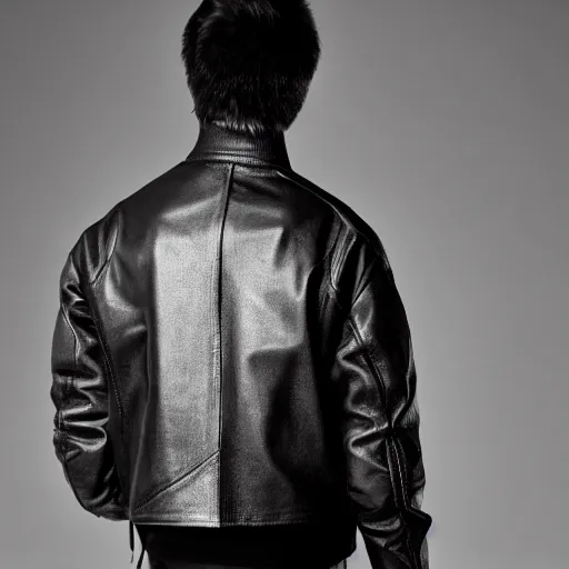 Prompt: an award - winning hd photo of a male model wearing a baggy designer medieval cropped leather menswear jacket by raf simons, 4 k, studio lighting