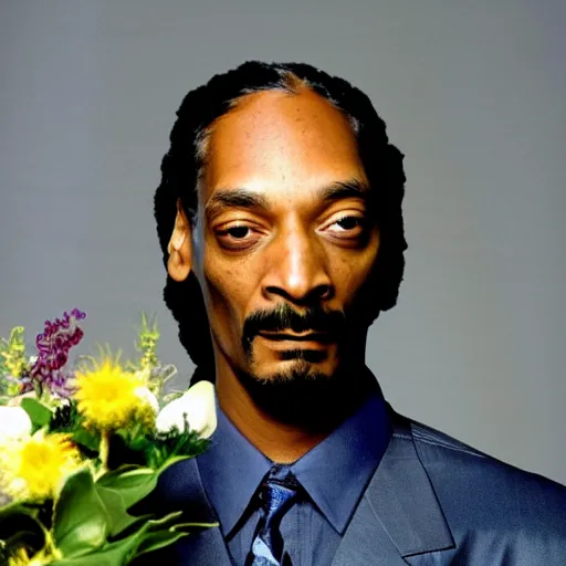 Prompt: Snoop Dogg looking away from camera while holding a Vase of flowers for a 1990s sitcom tv show, Studio Photograph, portrait, C 12.0