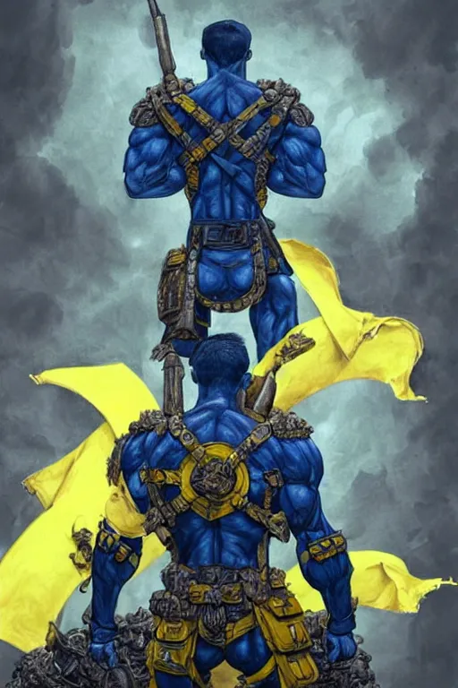 Image similar to a distant shot from behind of a Ukrainian super soldier with blue and yellow flag behind him standing alone on a huge pile of skulls as a winner, masculine muscular figure, D&D, fantasy, intricate, elegant, highly detailed, extremely detailed, digital painting, artstation, concept art, matte, sharp focus, symmetrical, illustration, art by Artgerm and Greg Rutkowski and Alphonse Mucha