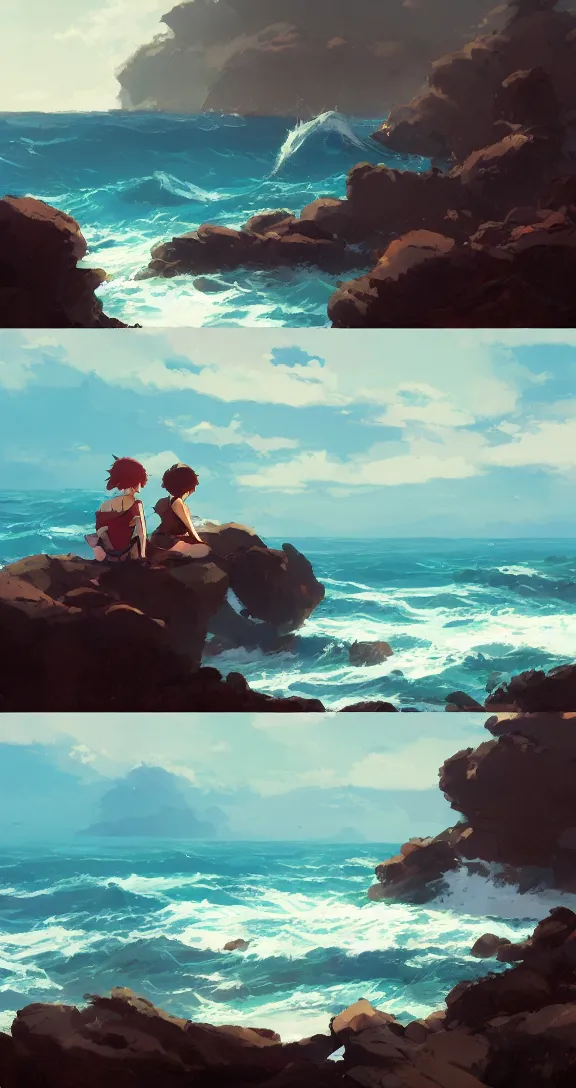 Image similar to Sitting on the rocks Looking out at the waves, lots of ocean, uncluttered, tropical, bright, simple, by Studio Ghibli and Greg Rutkowski, artstation