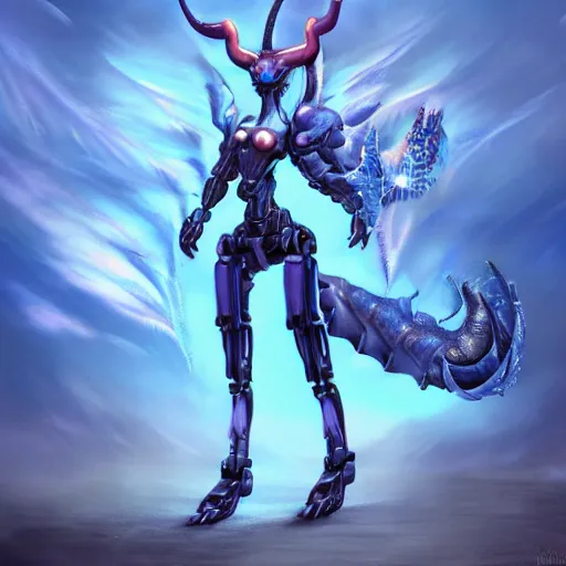 Image similar to digital art full body cinematic shot of cute and beautiful anthro female robot dragon standing in front of the camera, has two adorable blue eyes on a smooth draconic head with two horns, a sleek yet elegant design, with two big epic wings behind her, two arms that have sharp claws, two legs, a long tail behind her. the background is of the beach at night; high quality digital art, artstation, deviantart, furaffinity, high quality details