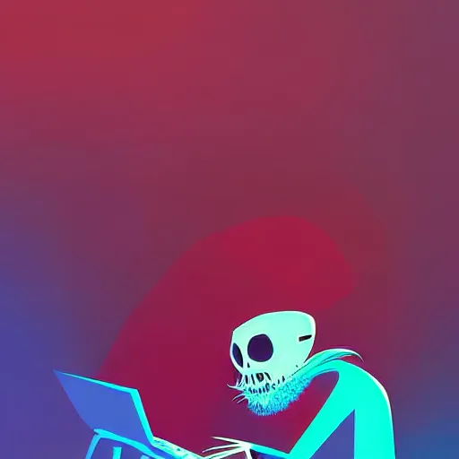 Image similar to curled perspective digital art of curly grey hair bearded man using a computer by anton fadeev from nightmare before christmas