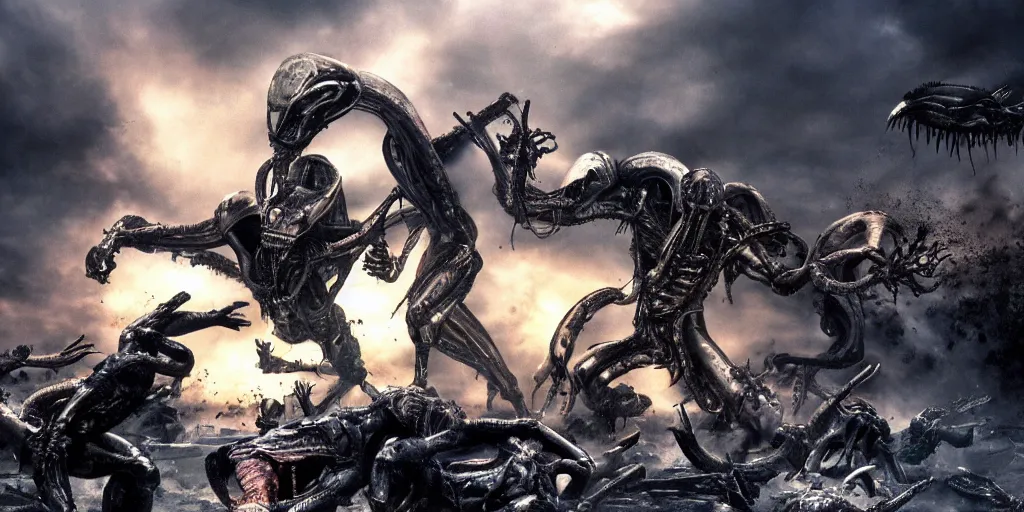 Prompt: epic battle scene Alien versus Predator, the last stand, Epic Background, highly detailed, sharp focus, 8k, 35mm, cinematic lighting