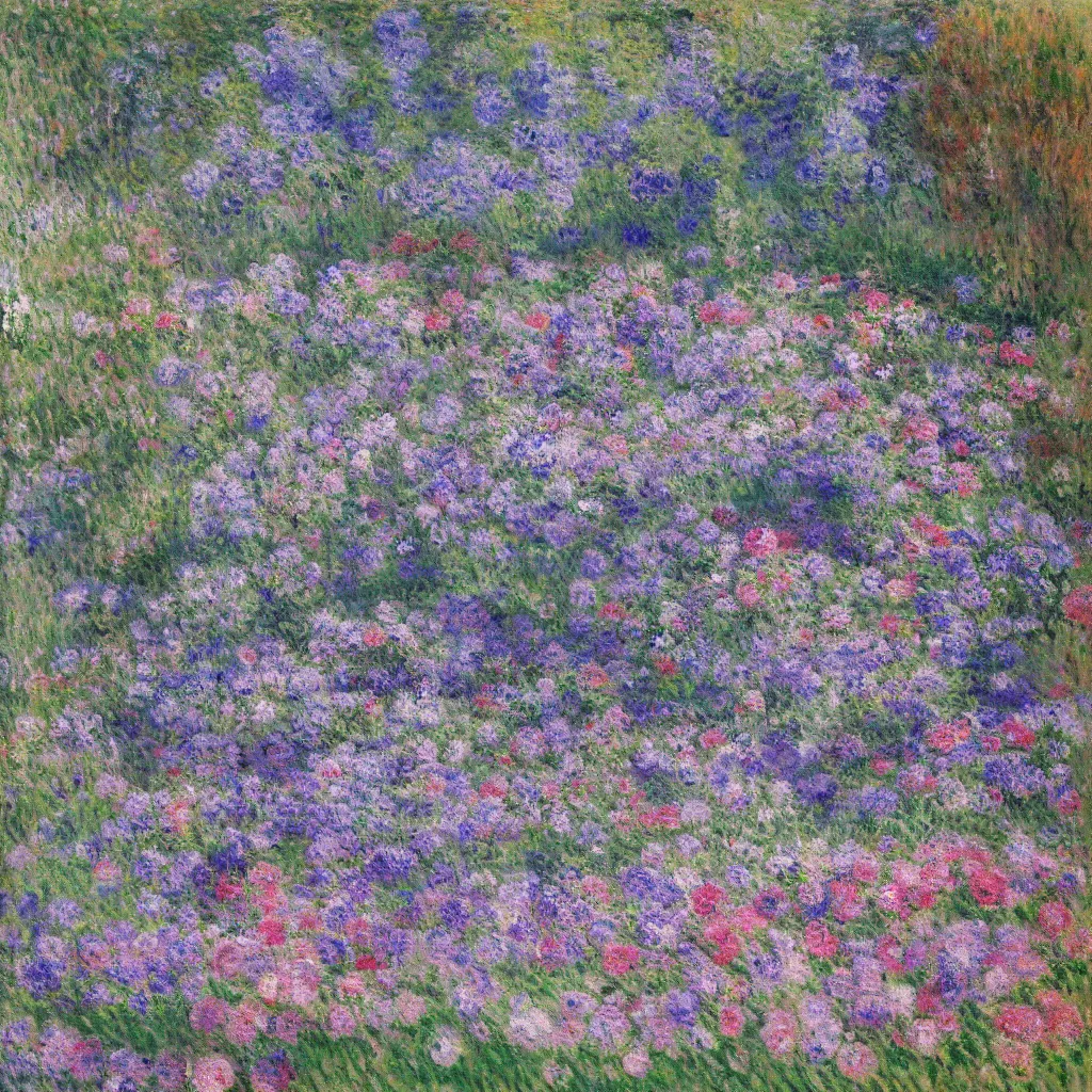 Image similar to a gorgeous garden on the edge of a cliff filled with beautiful flowers of blue and violet and pink, monet