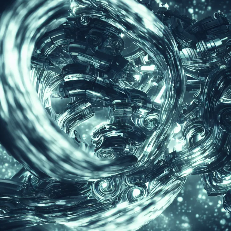 Prompt: swirling abstract cyborg parts and ornate flowing smoke streams and smooth particle effects surround a small metallic spiral, cinematic, unreal engine