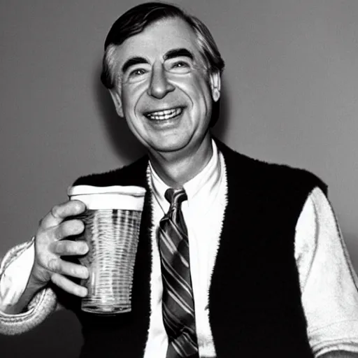 Image similar to mr. rogers proudly displaying a pint - sized slimy flesh demon. 1 9 7 0 s studio photo.