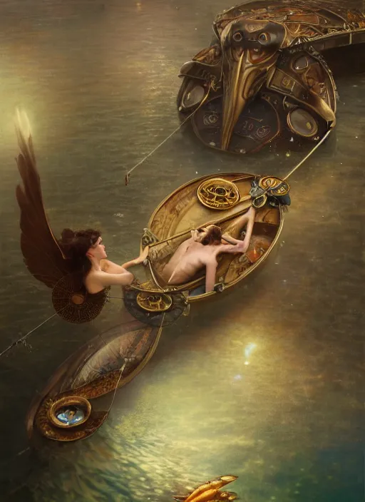 Image similar to hyper realistic fisherman, birds eye view, magical, gems, jewels, gold, steampunk, cyberpunk utopia, painted by tom bagshaw, mucha, gaston bussiere, craig mullins, j. c. leyendecker 8 k