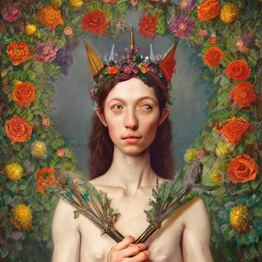 Image similar to portrait of an elf holding a dagger. he wears a crown of flowers. baroque portrait, 8k ultra HD, by esao andrews