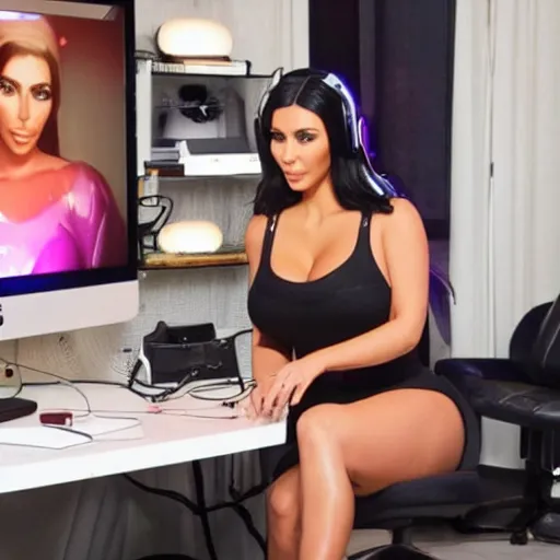 Image similar to still of kim kardashian as a twitch streamer, gaming room,