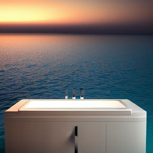 Prompt: a bathroom stall floating in the middle of the ocean, sunset, beautiful, ultra realistic digital art, 4k, cgsociety, HDR, Intricate