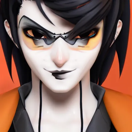 Image similar to tracer from overwatch, wearing goth outfit, black hair, 4 k, detailed face, smirky expression, detailed face, focus on eyes, blur, beautiful lighting, low contrast,