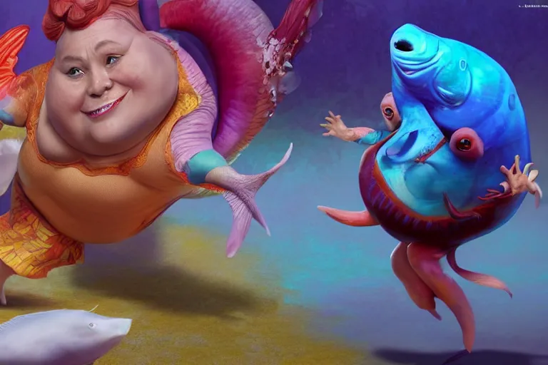 Prompt: of a very beautiful scene. ambient occlusion render. a sweet fat old woman is dancing with a huge colorful fish. hyper realistic. 4 k. wide angle. wild happiness. symmetrical face, red mouth, blue eyes. deep focus, lovely scene. ambient occlusion render. concept art. artstation. unreal engine.