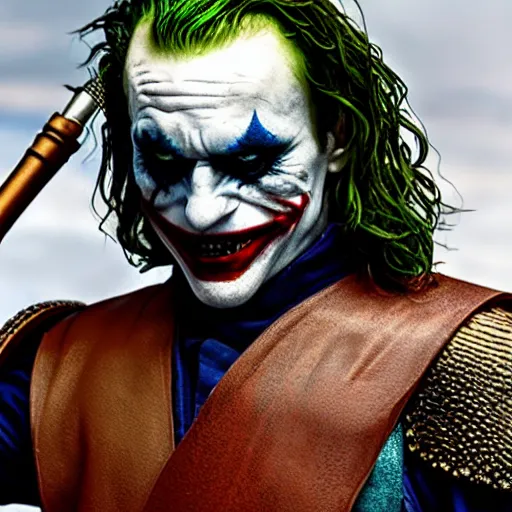 Image similar to cinematic shot of the joker wearing ancient roman soldier armor, 8 k, very detailed, very intricate,