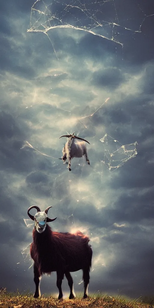 Prompt: a goat with a cobweb between his horns, sky realistic stormcloud with glimpses of flares