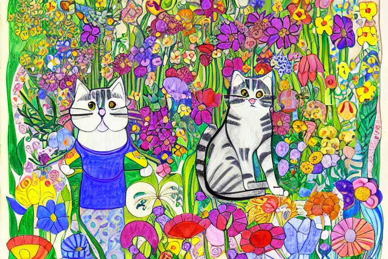 Image similar to cat playing in a garden of flowers, a mix media painting by laurel burch and Leonardo da Vinci and Natalia Goncharova, cluttered , child's drawing, art by Studio Ghibli, anime, thick black lineart